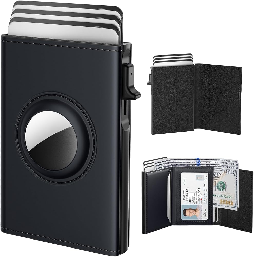 Airtag Wallet for Men - Slim RFID Blocking Leather Wallet with AirTag Holder, Pop-up Card Case, 9-14 Card Capacity