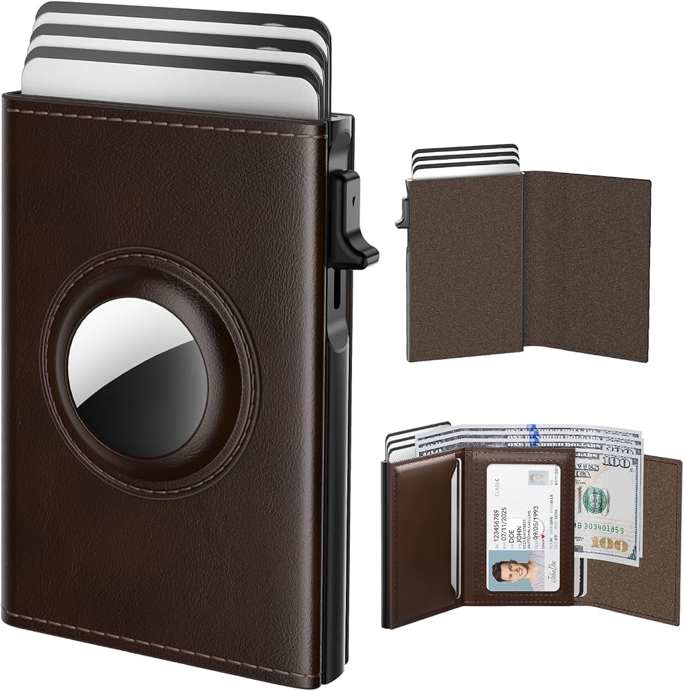 Airtag Wallet for Men - Slim RFID Blocking Leather Wallet with AirTag Holder, Pop-up Card Case, 9-14 Card Capacity