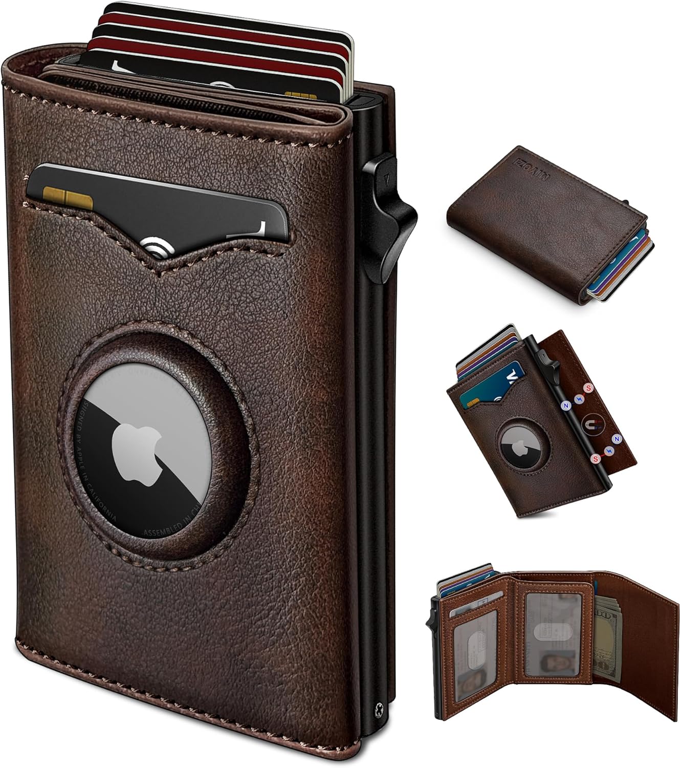 AirTag Wallet for Men with Cash Pocket, RFID Blocking Slim Leather Trifold Wallet with Magnetic Closure, Pop Up Card Holder, 2 ID Windows, Gift Box Included