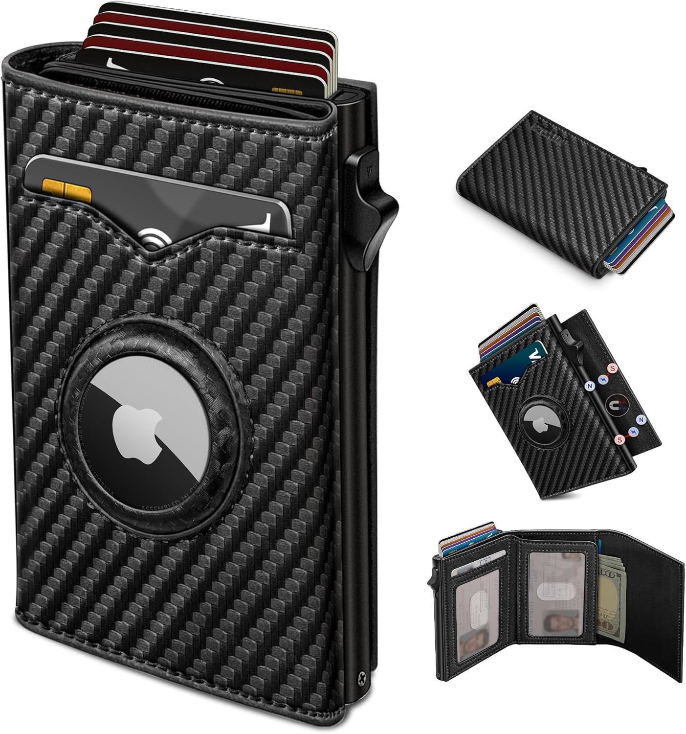 AirTag Wallet for Men with Cash Pocket, RFID Blocking Slim Leather Trifold Wallet with Magnetic Closure, Pop Up Card Holder, 2 ID Windows, Gift Box Included