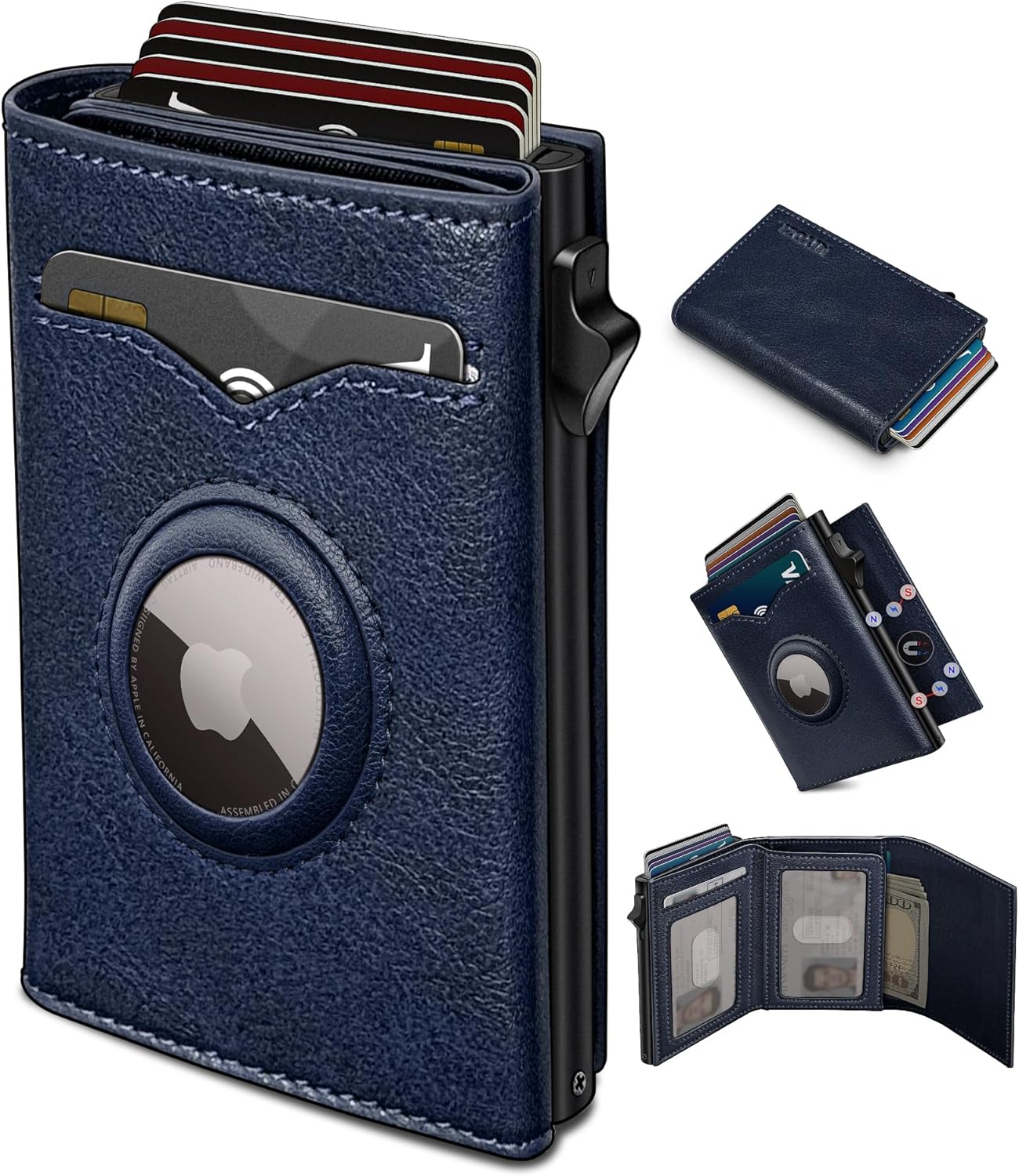 AirTag Wallet for Men with Cash Pocket, RFID Blocking Slim Leather Trifold Wallet with Magnetic Closure, Pop Up Card Holder, 2 ID Windows, Gift Box Included