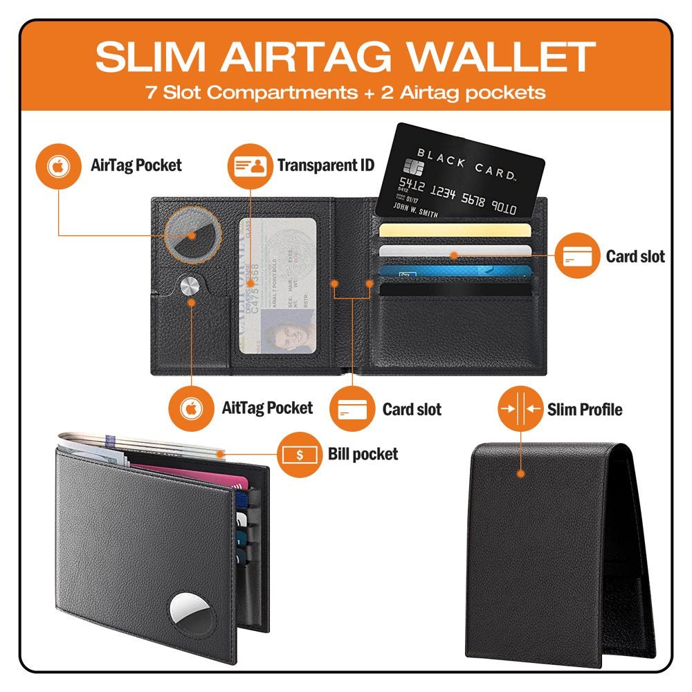 Airtag Wallet, Men'S Leather Wallet with Airtag Holder , Bifold ,RFID Blocking, 8-16 Card Capacity, Bill Divider, ID Window, Hidden Pocket Compatible with Apple Airtag (Black) - Abbycart