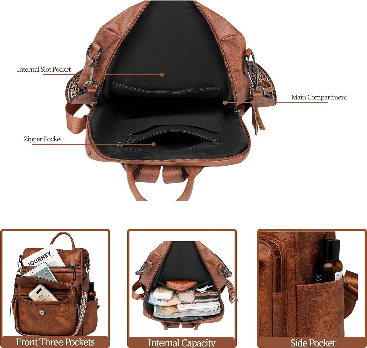 Top view of the backpack purse open, showing the main compartment, internal slot pocket, zipper pocket and side pocket