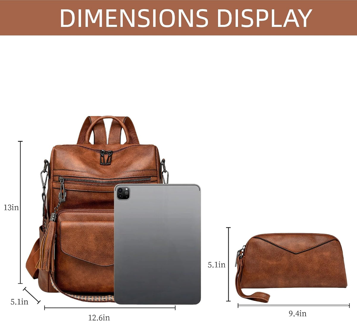 Dimensions graphic of the convertible backpack purse next to a tablet for scale, with the matching wristlet wallet
