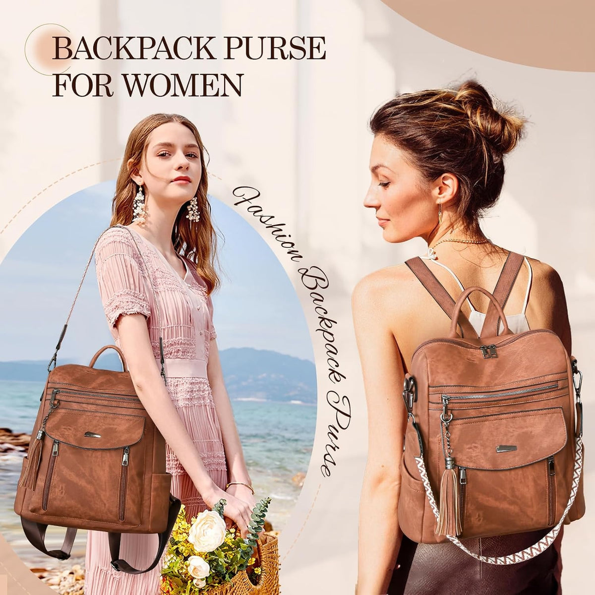 Two women carrying the backpack purse, one as a shoulder bag and one as a backpack