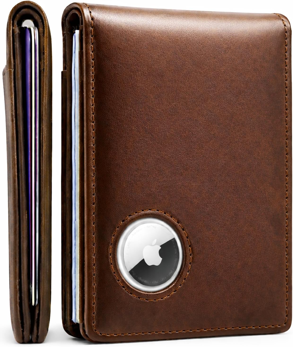 RFID Blocking Men's Leather Wallet with AirTag Holder - Slim Bifold Design for 15 Cards