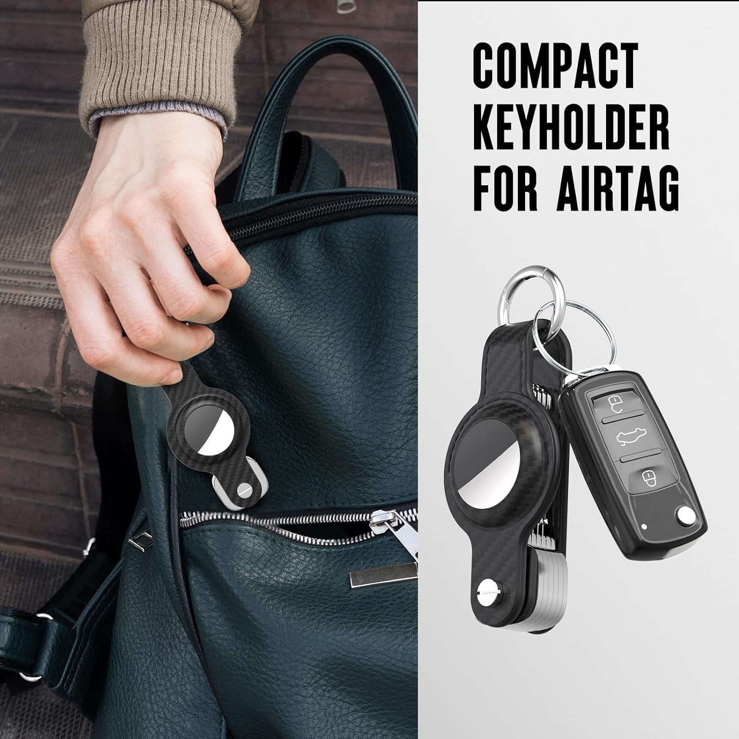 Compact Carbon Fiber Leather Key Organizer with AirTag Holder – Securely Holds Up to 6 Keys, Compatible with Apple AirTag, Includes Keyring - Abbycart