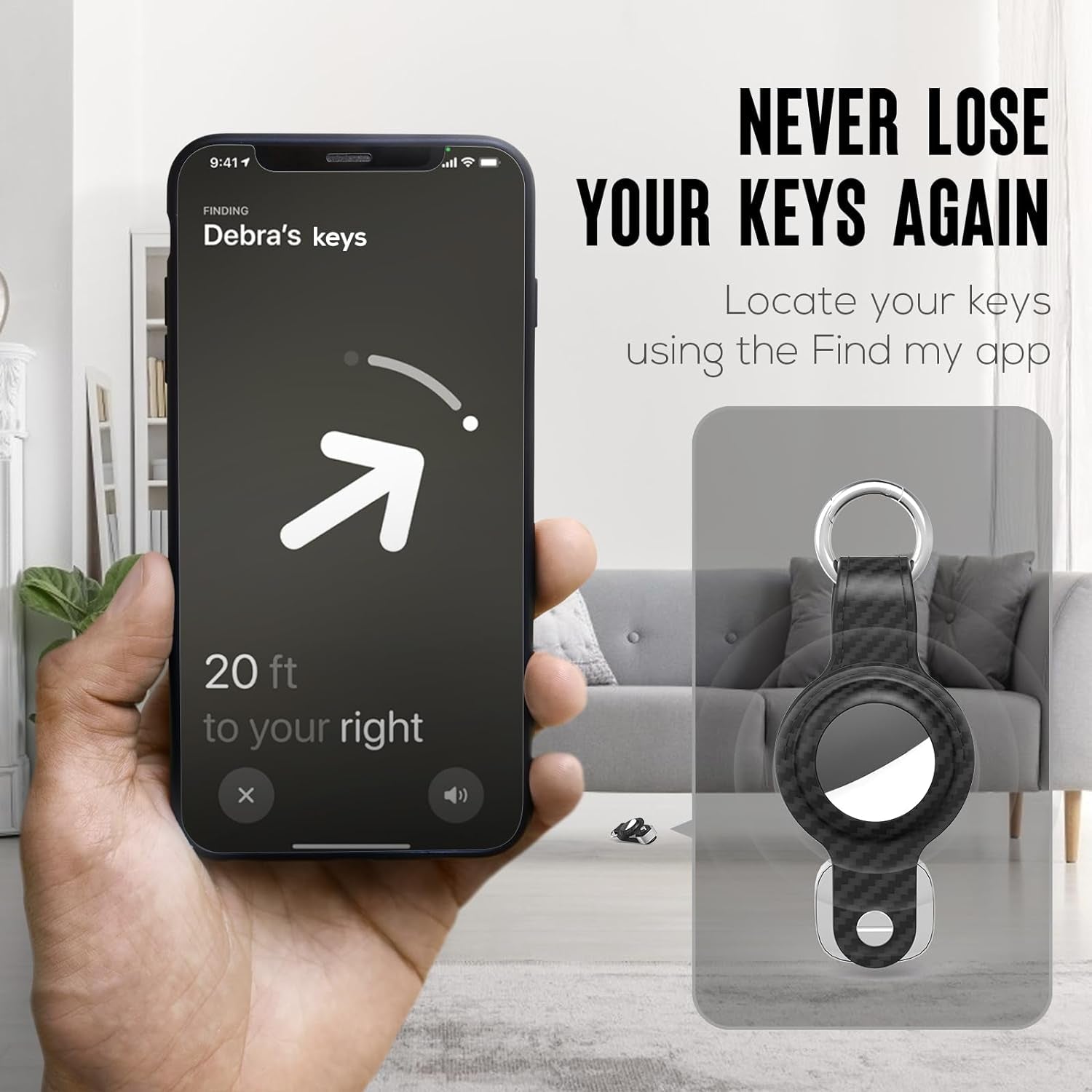 Compact Carbon Fiber Leather Key Organizer with AirTag Holder – Securely Holds Up to 6 Keys, Compatible with Apple AirTag, Includes Keyring - Abbycart