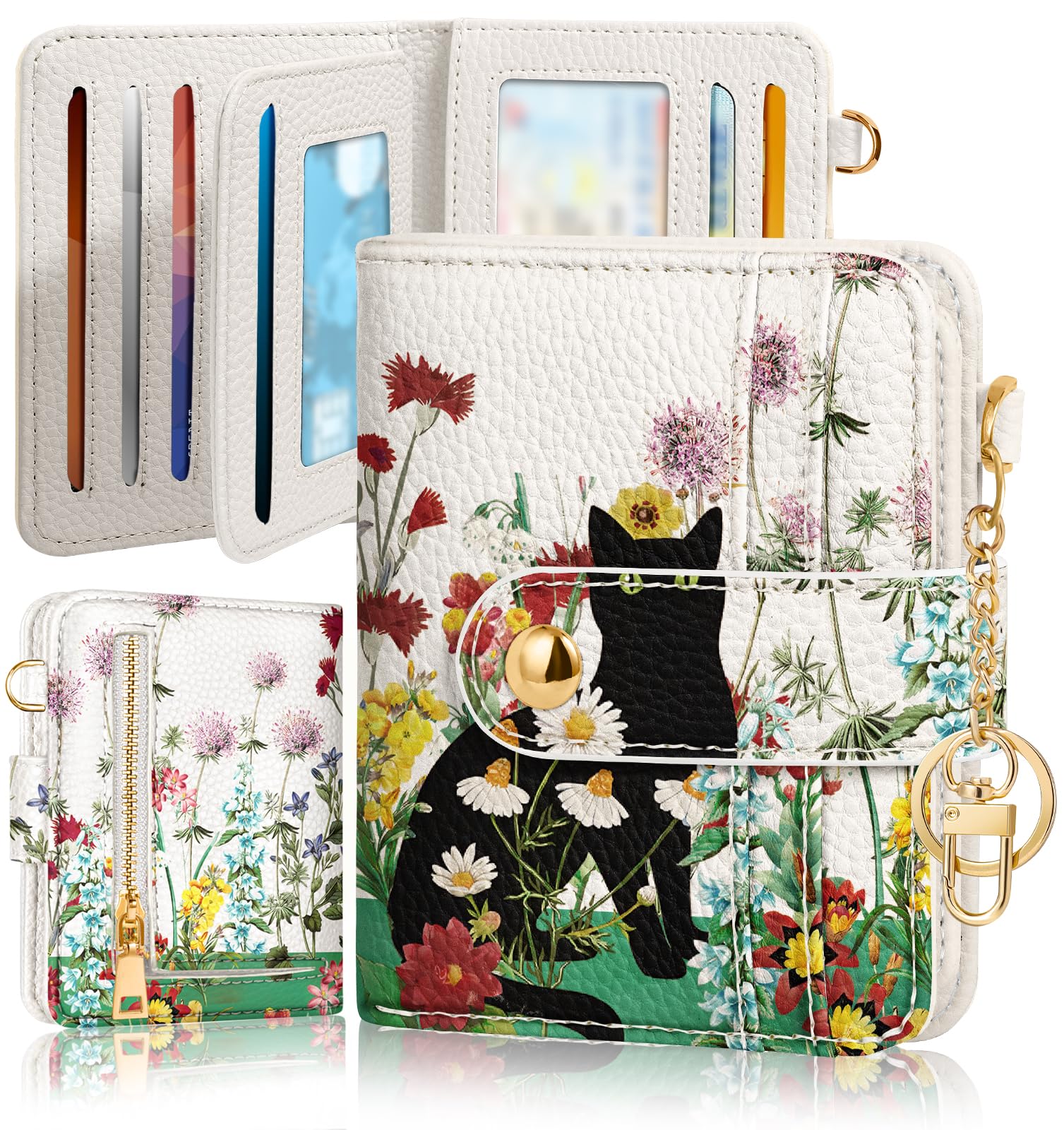 Cute Small RFID Leather Wallet for Women with Keychain Card Holder