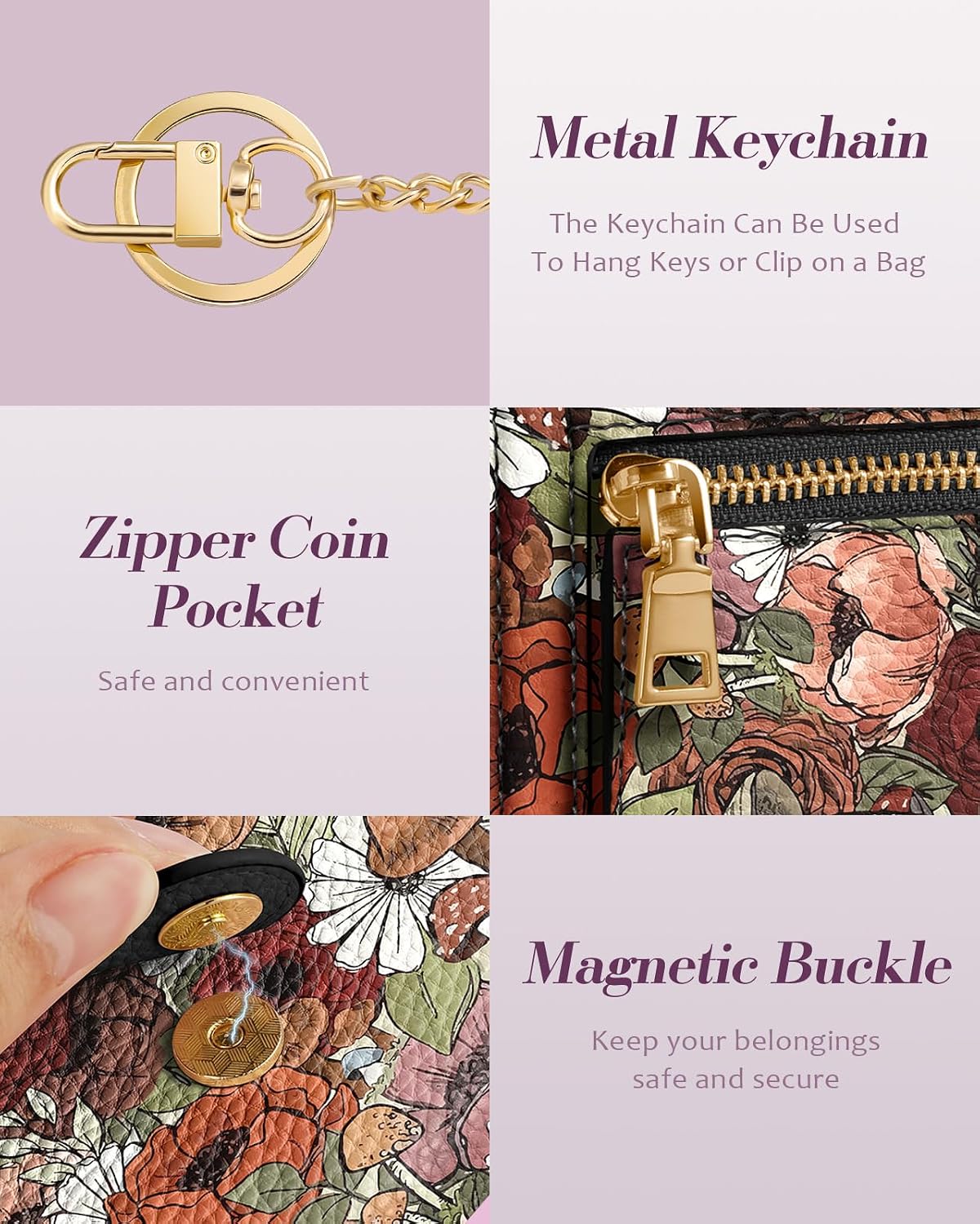 Bistup Wallet for Women Cute Small Card Wallet Genuine Leather Rfid with Keychain for Ladies Teen Girls Female Girly Aesthetic Flower Kawaii Unique Pretty Modern Bifold Credit Card Holder