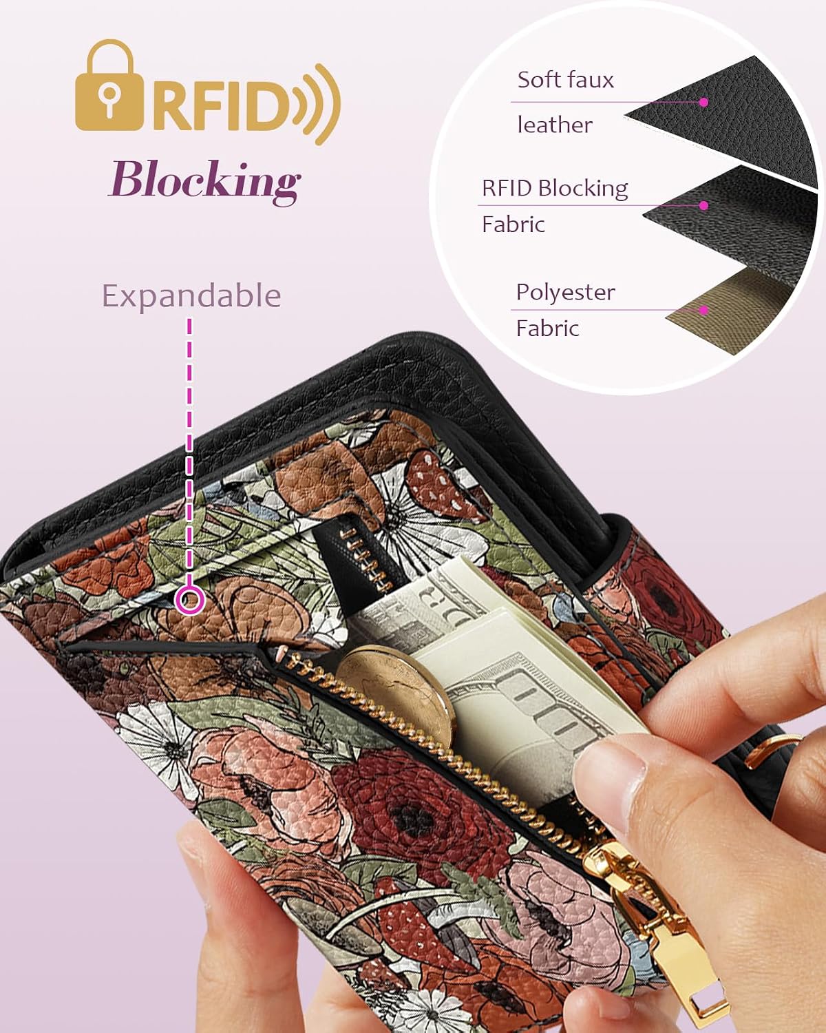 Bistup Wallet for Women Cute Small Card Wallet Genuine Leather Rfid with Keychain for Ladies Teen Girls Female Girly Aesthetic Flower Kawaii Unique Pretty Modern Bifold Credit Card Holder
