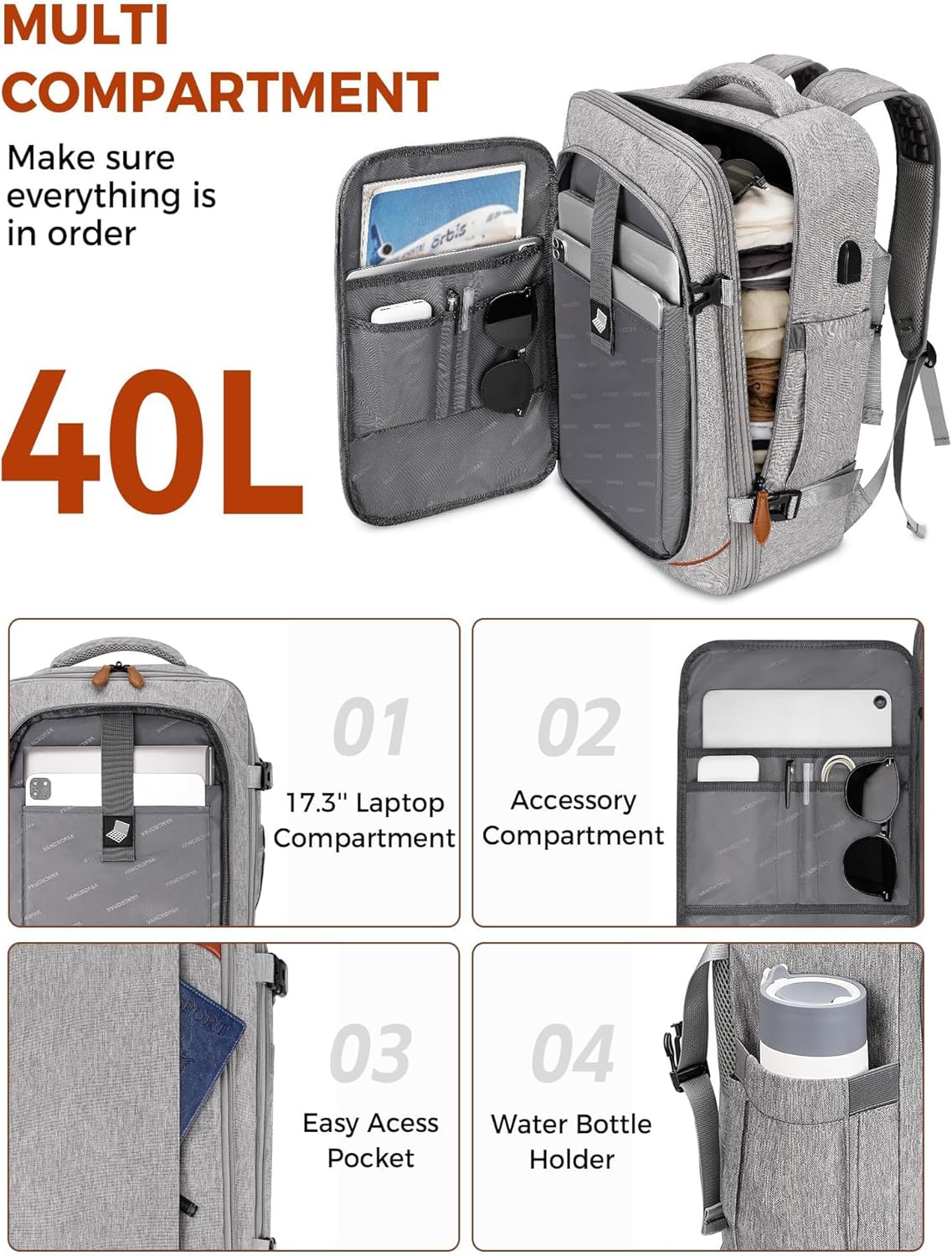 Vancropak Carry on Backpack, Flight Approved 18x14x8 Travel Backpack with 3 Packing Cubes, Expandable Large 40L Travel Bag fits 17.3" Laptop, Anti Theft Luggage Suitcase Weekend for Women Men, Grey