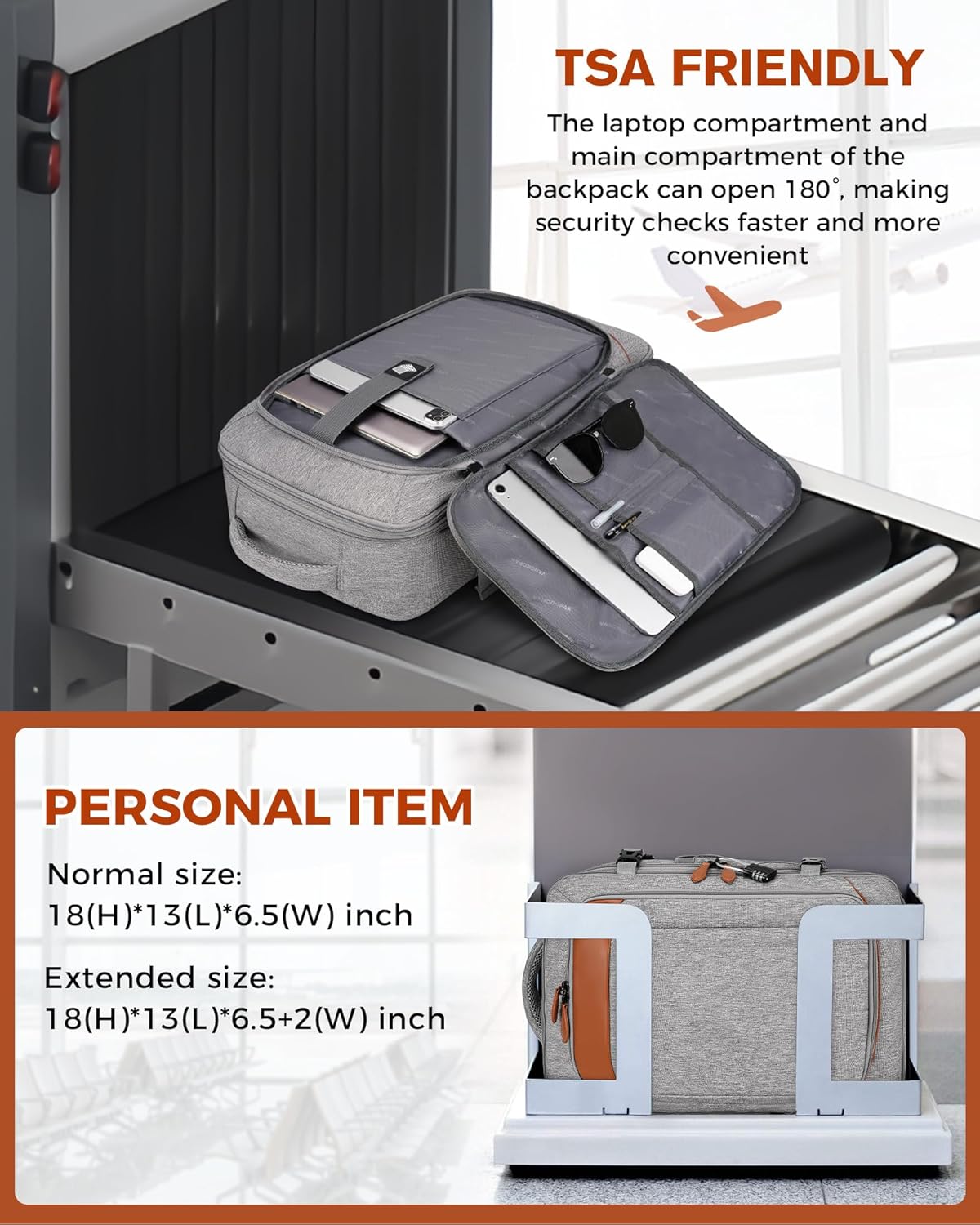 Vancropak Carry on Backpack, Flight Approved 18x14x8 Travel Backpack with 3 Packing Cubes, Expandable Large 40L Travel Bag fits 17.3" Laptop, Anti Theft Luggage Suitcase Weekend for Women Men, Grey