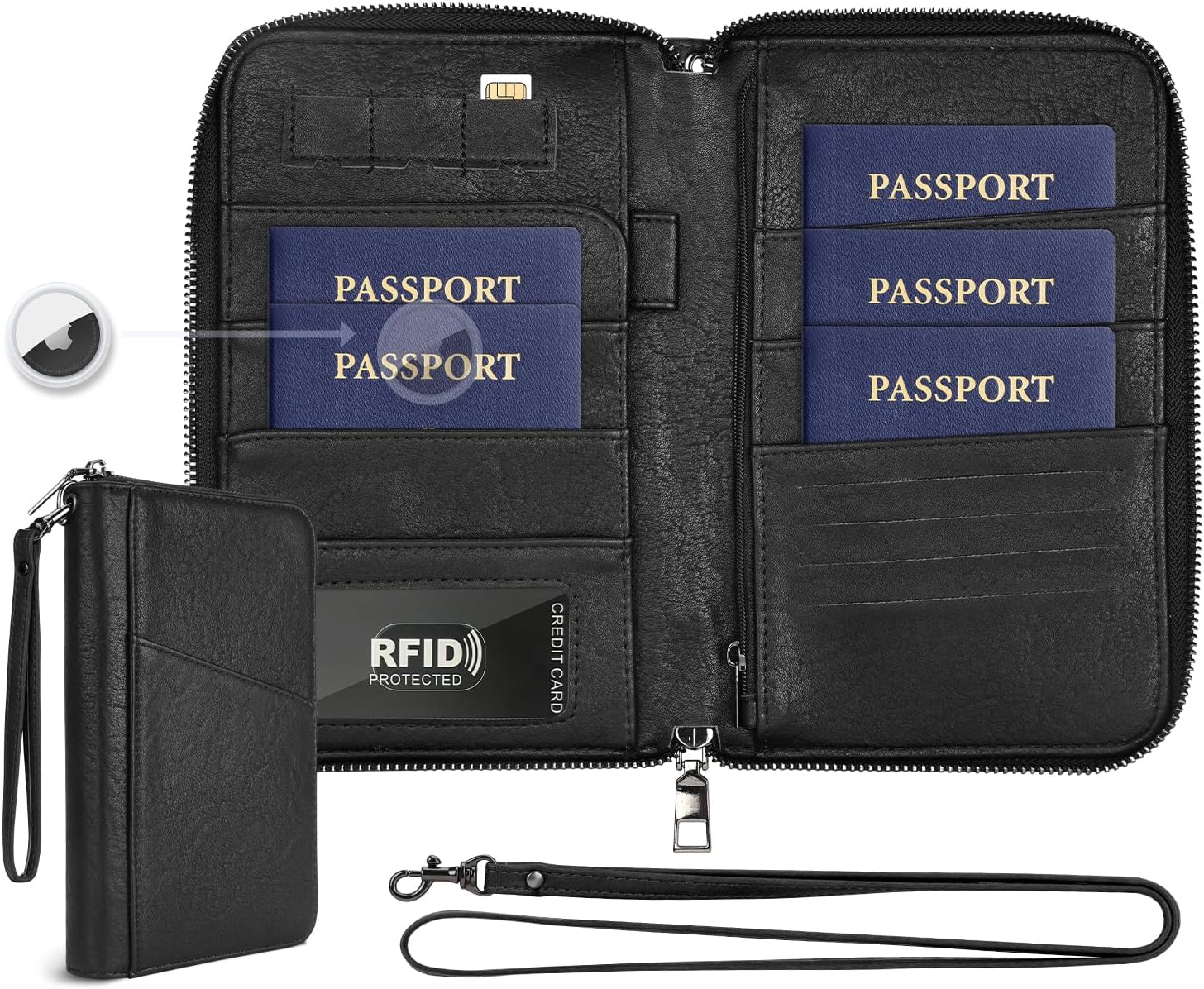 Family RFID Passport Holder Wallet with AirTag Pocket Travel Case
