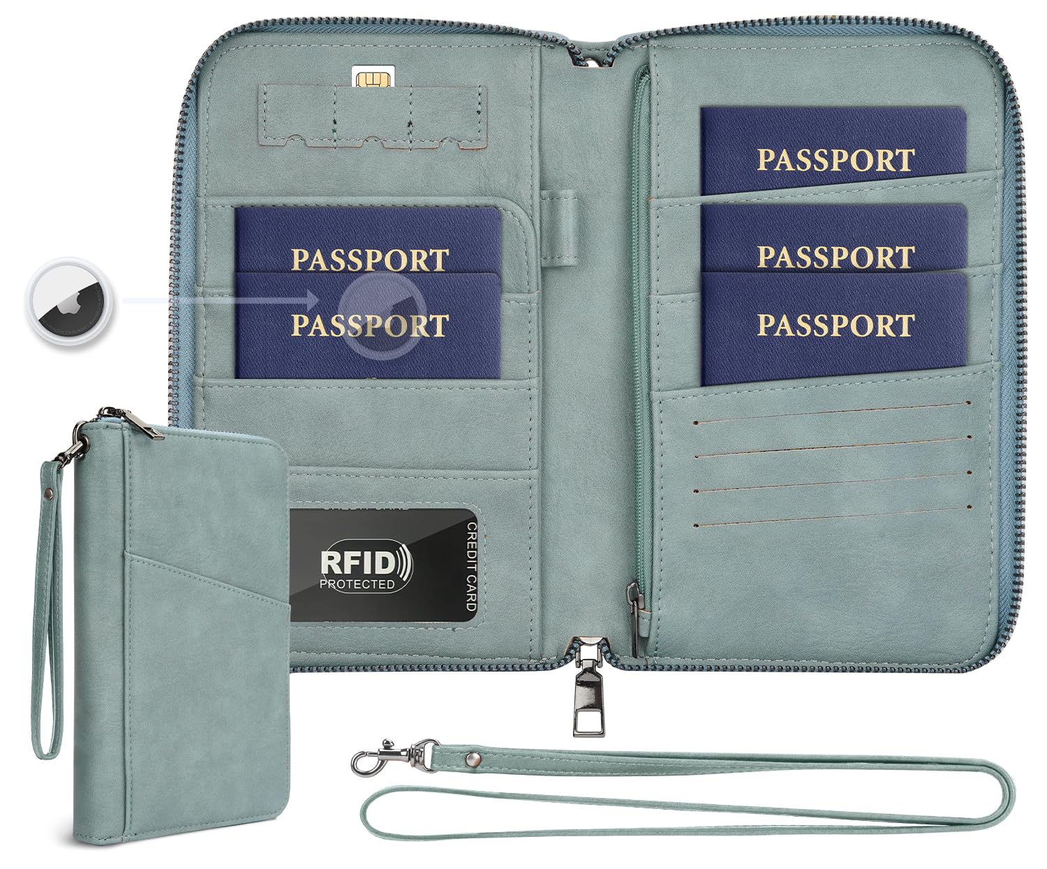 Family RFID Passport Holder Wallet with AirTag Pocket Travel Case