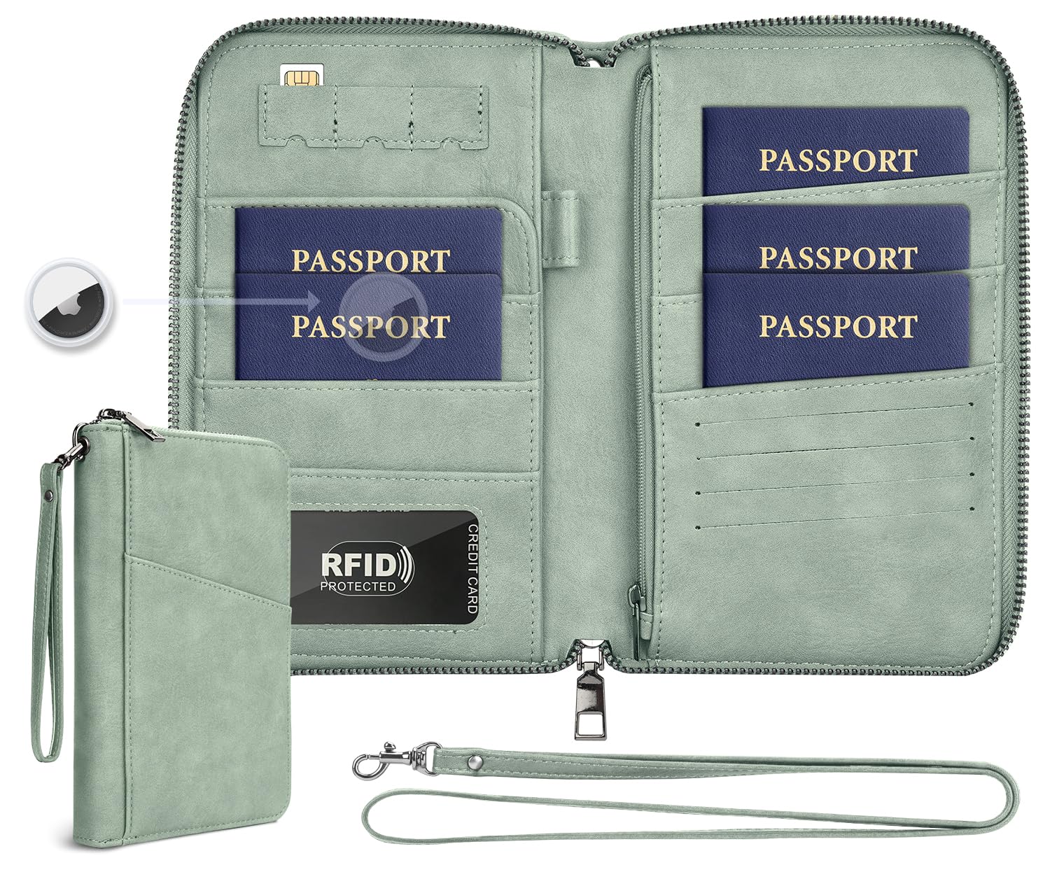 Family RFID Passport Holder Wallet with AirTag Pocket Travel Case