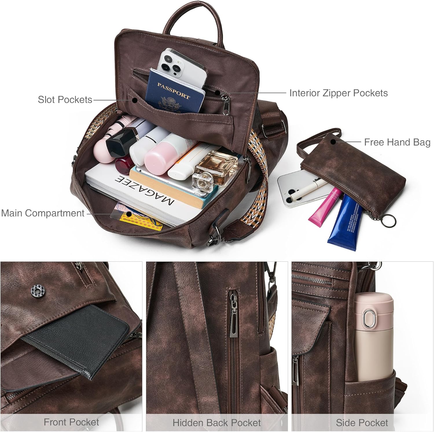 Shrrie Backpack Purse for Women Fashion Leather Backpack Purse Designer Travel Backpack Convertible Shoulder Bag with Wristlet for Work College