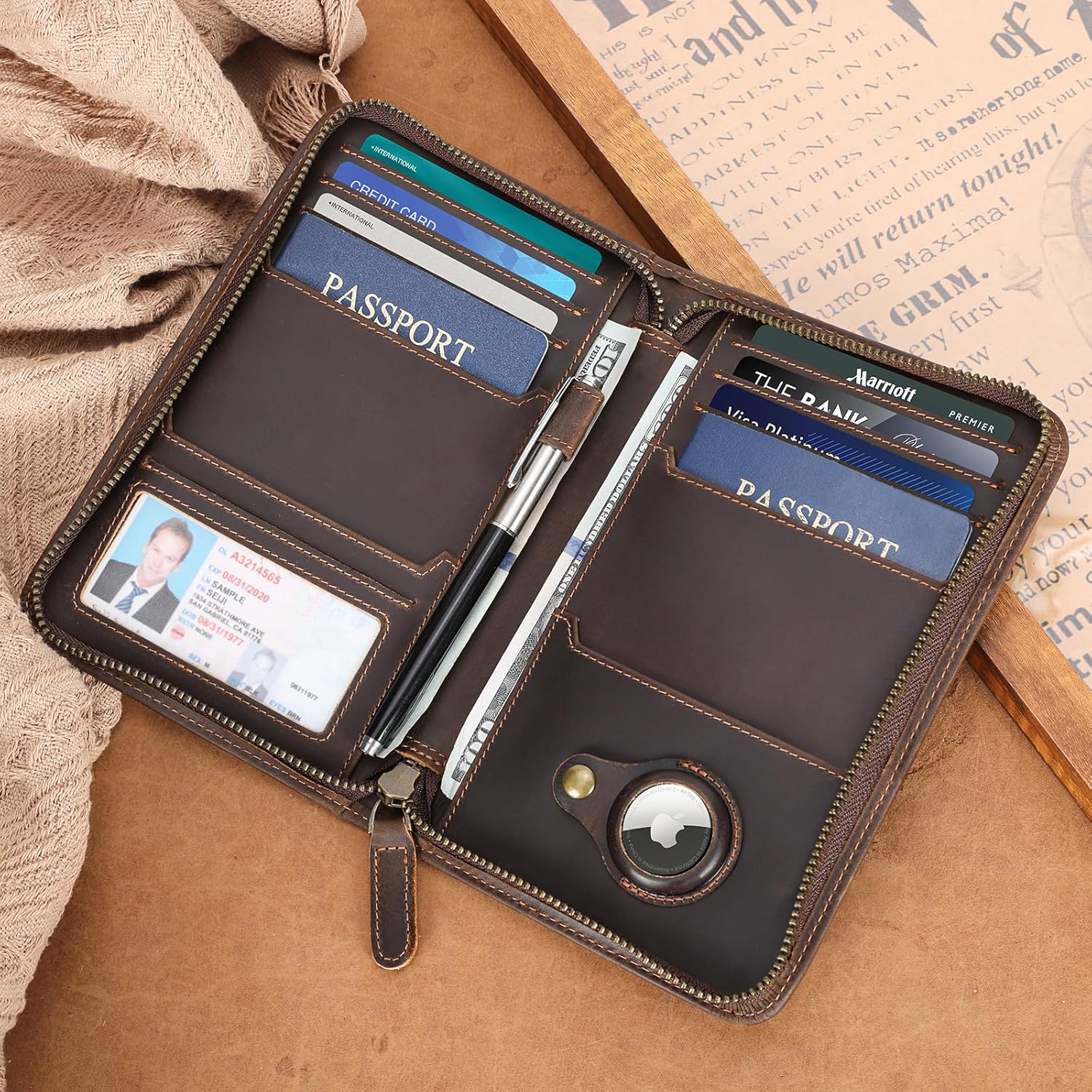 Full Grain Leather Passport Holder with AirTag Slot & RFID Protection