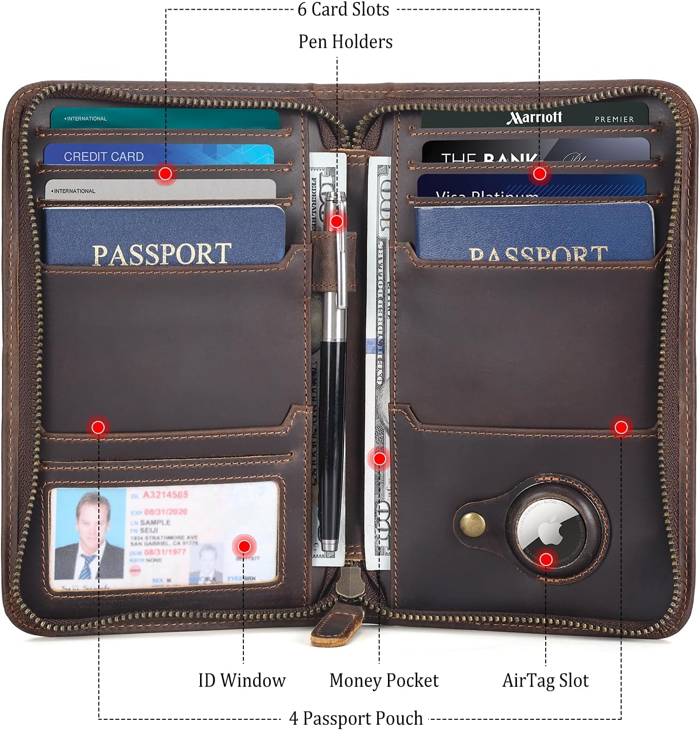 Full Grain Leather Passport Holder with AirTag Slot & RFID Protection