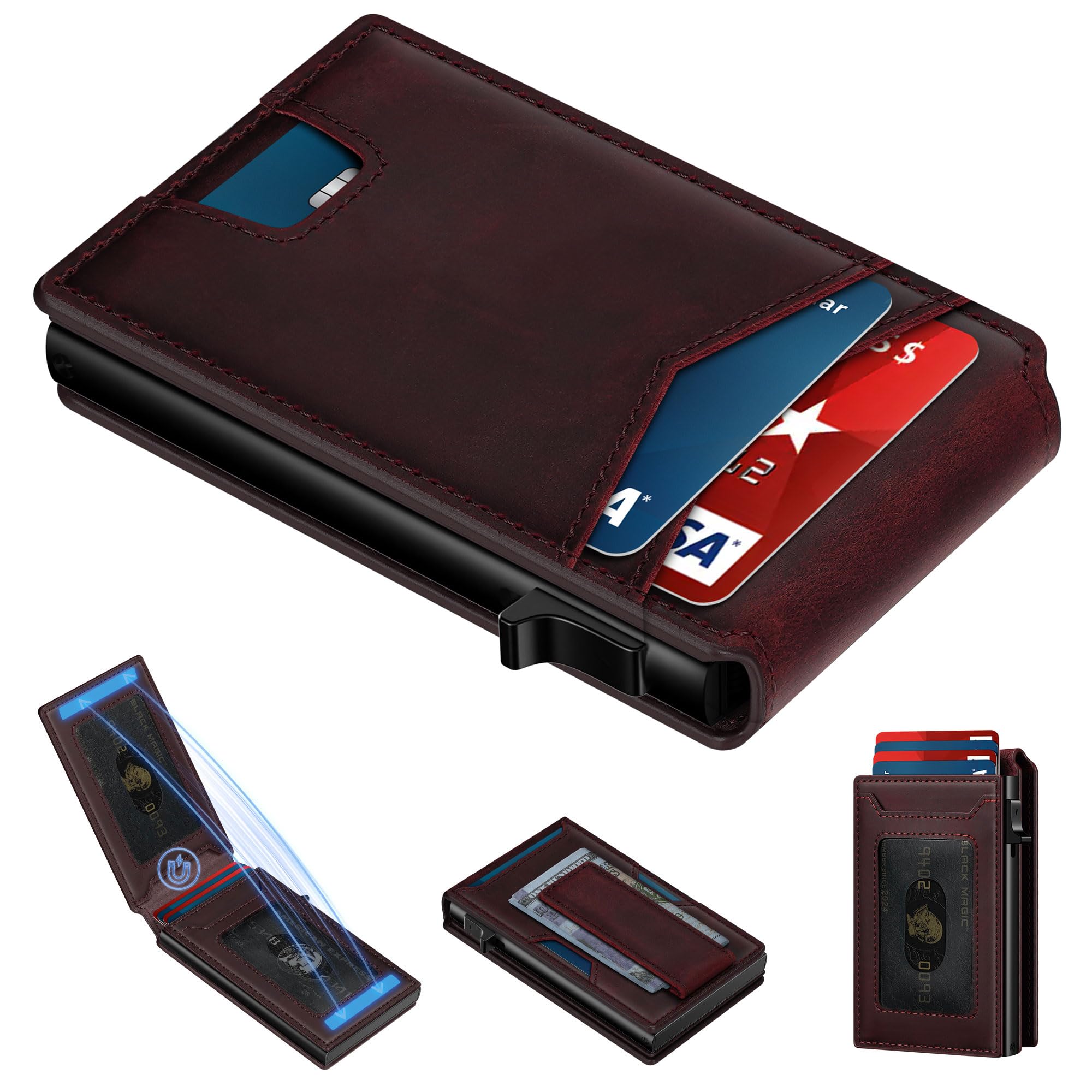Full Grain Leather RFID Pop Up Wallet for Men Slim Front Pocket