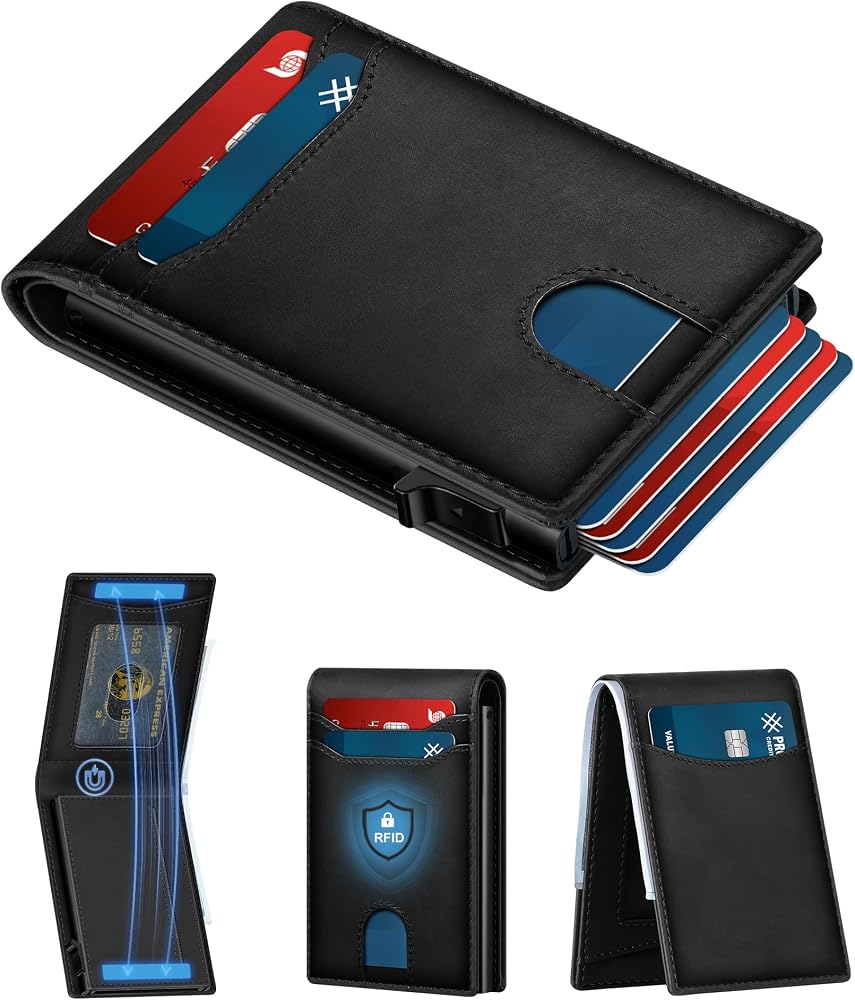 Full Grain Leather RFID Pop Up Wallet for Men Slim Front Pocket