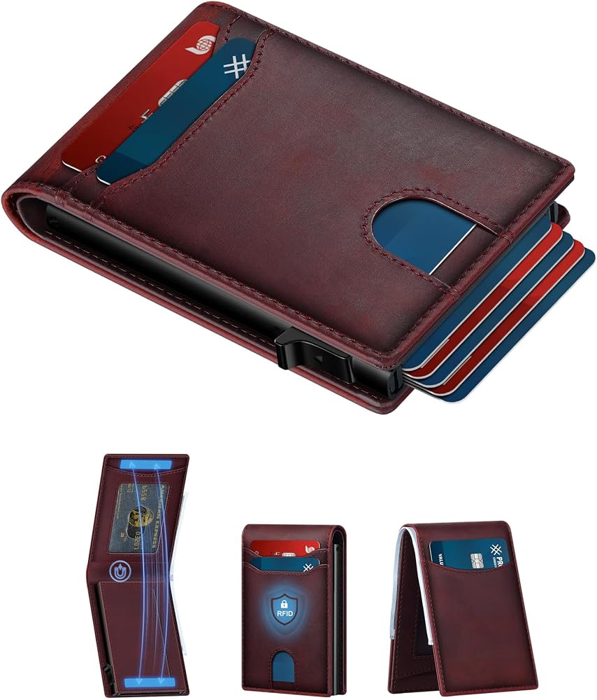 Full Grain Leather RFID Pop Up Wallet for Men Slim Front Pocket