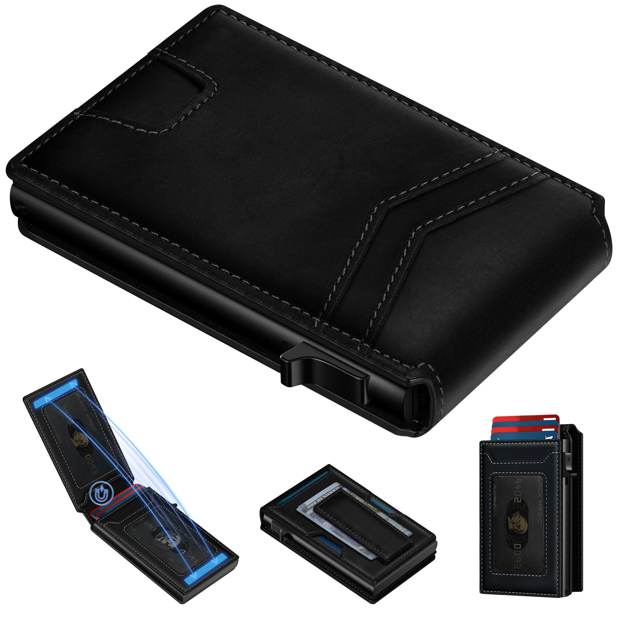 Full Grain Leather RFID Pop Up Wallet for Men Slim Front Pocket