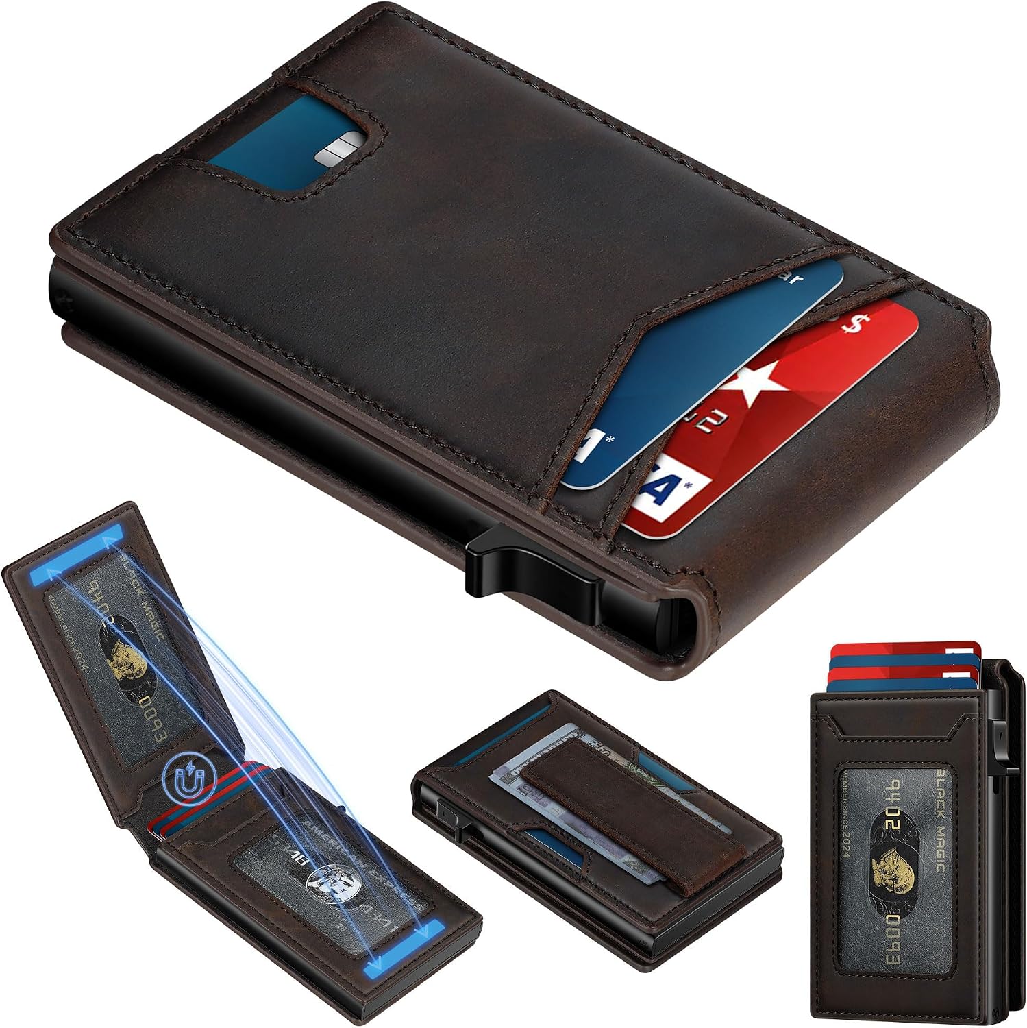 Full Grain Leather RFID Pop Up Wallet for Men Slim Front Pocket