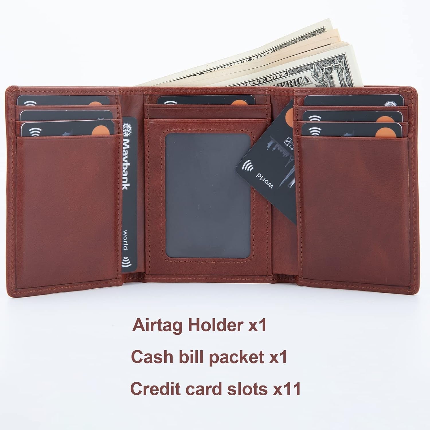 Genuine Leather AirTag Wallet for Men - Trifold RFID Blocking Wallet with 11 Card Slots - Abbycart