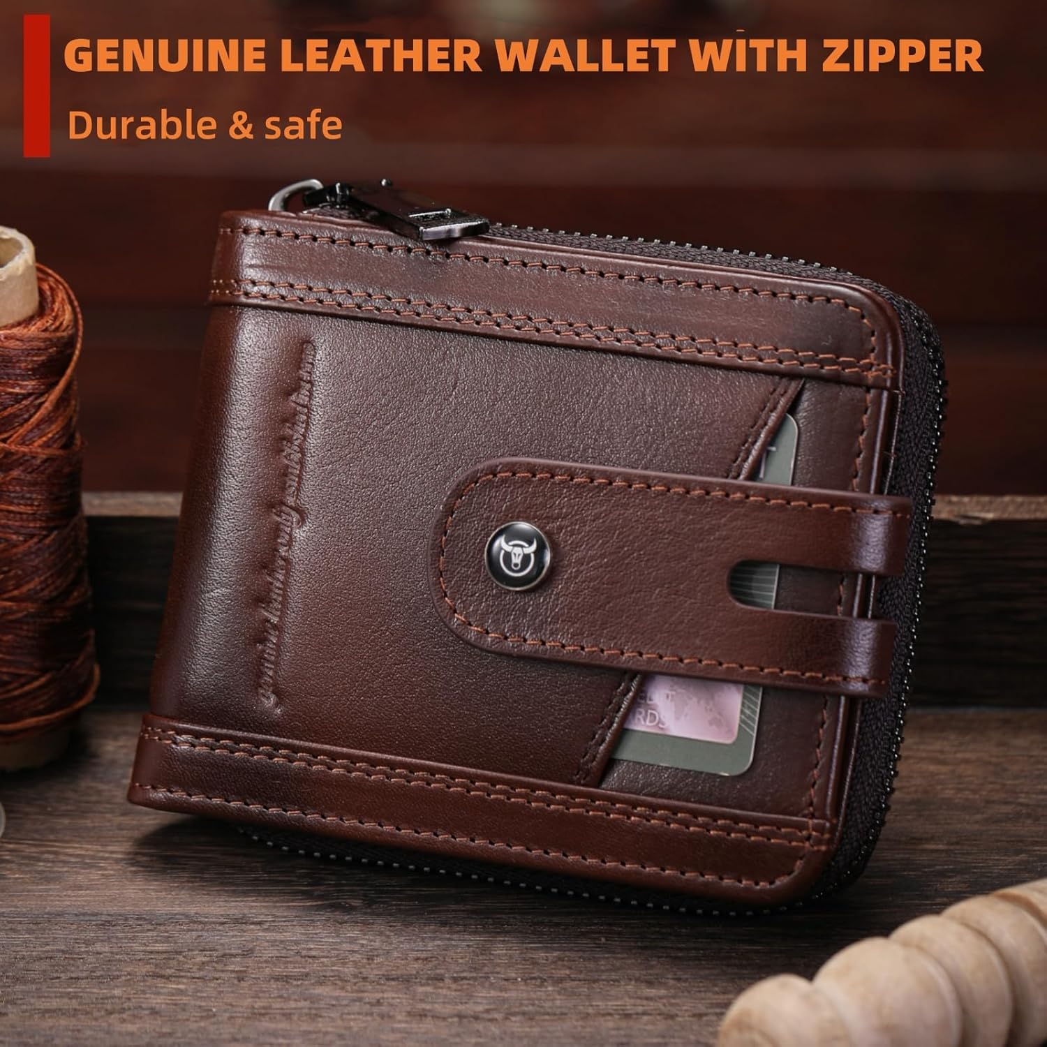 Genuine Leather RFID Blocking Men’s Wallet with Zipper & 14 Slots