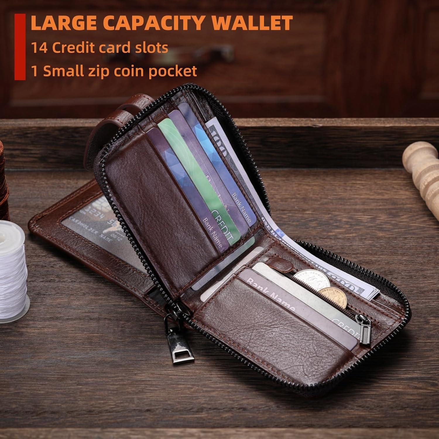 Genuine Leather RFID Blocking Men’s Wallet with Zipper & 14 Slots