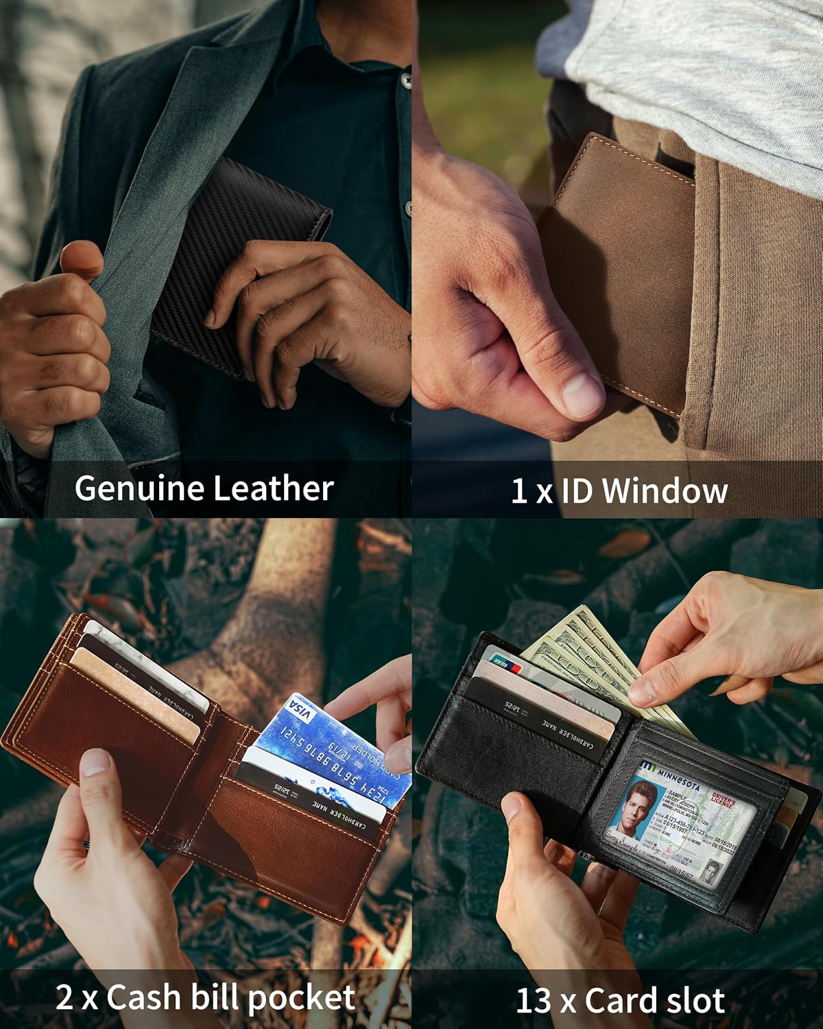 Artpaxy Mens Wallet Bifold Genuine Leather RFID Blocking Wallet for Men with 1 ID Window 13 Card Holders 2 cash pockets 1 Gift Box