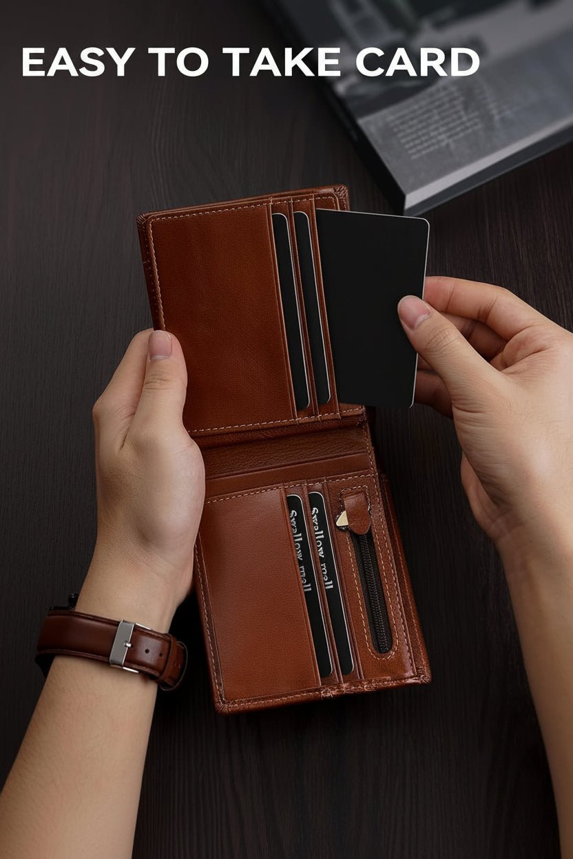 Swallowmall Mens Wallet Rfid Blocking Genuine Leather Bifold Wallets with 1 ID Window 15 Card Slots
