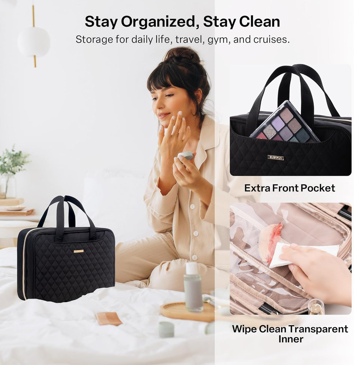 Travel Toiletry Bag with Hanging Hook and Leakproof Wet/Dry Compartments, Large Capacity Makeup Cosmetic Organizer for Women, 12x9x4.5 Inch, Black