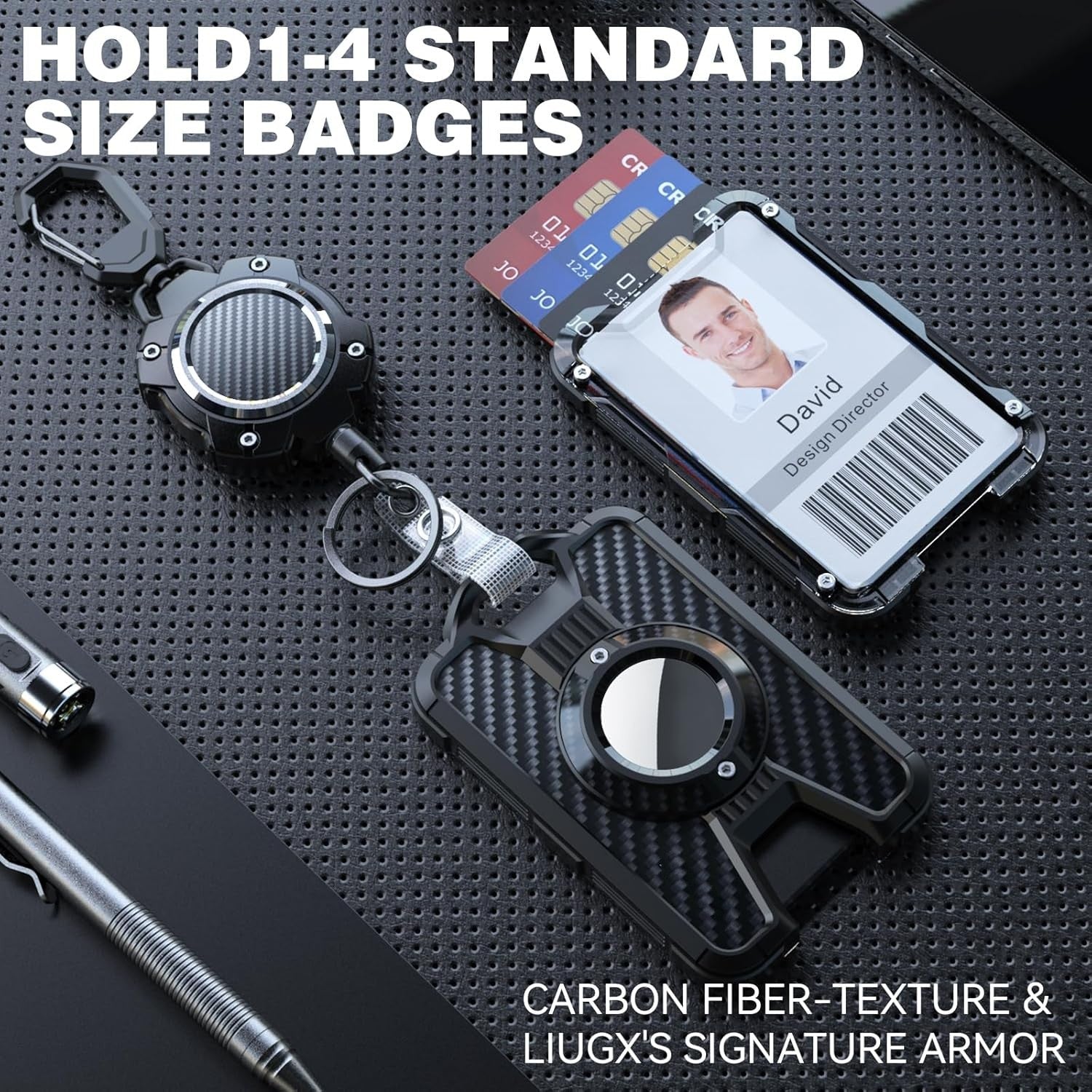 Heavy Duty AirTag Badge Holder with Retractable Reel & 4-Card ID Slots
