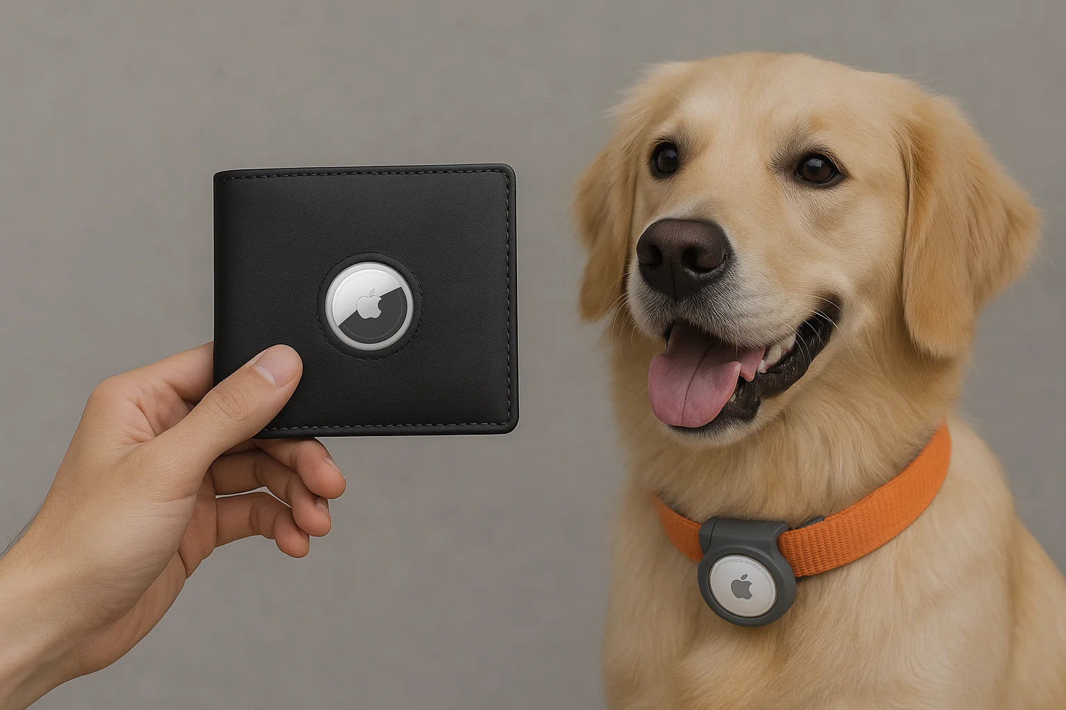 Black wallet with a dog tag held by a hand next to a dog wearing an orange collar with a similar dog tag.