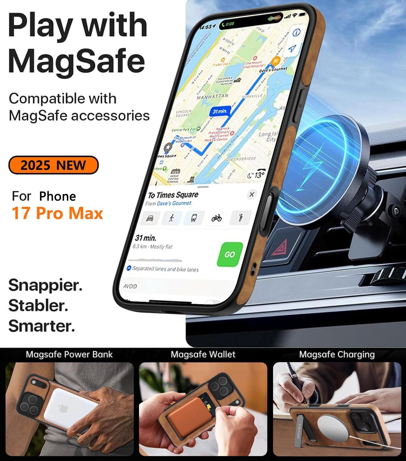 WTCASE Magnetic for iPhone 17 Pro Max Leather Case,Built-in Invisible Stand [Compatible with Magsafe] Protective Slim Kickstand Phone Cover for iPhone 17 Pro Max,Brown