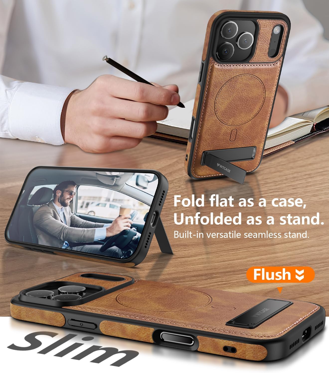 WTCASE Magnetic for iPhone 17 Pro Max Leather Case,Built-in Invisible Stand [Compatible with Magsafe] Protective Slim Kickstand Phone Cover for iPhone 17 Pro Max,Brown