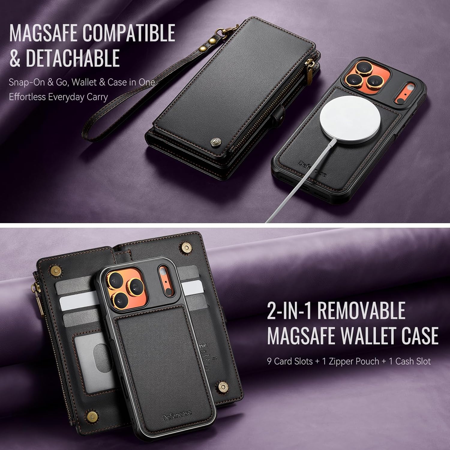 Defencase for iPhone 17 Pro Max Magnetic Wallet Case Compatible with Magsafe with RFID Blocking Zipper & Card Holder for Women Men PU Leather Strap Detachable Case for iPhone 17 Pro Max 6.9", Black
