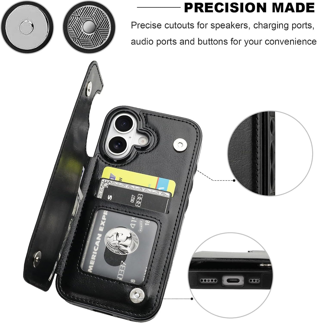 Black wallet case open with cards and ID window visible, with close-ups of the magnetic snap closure and precision port cutouts.
