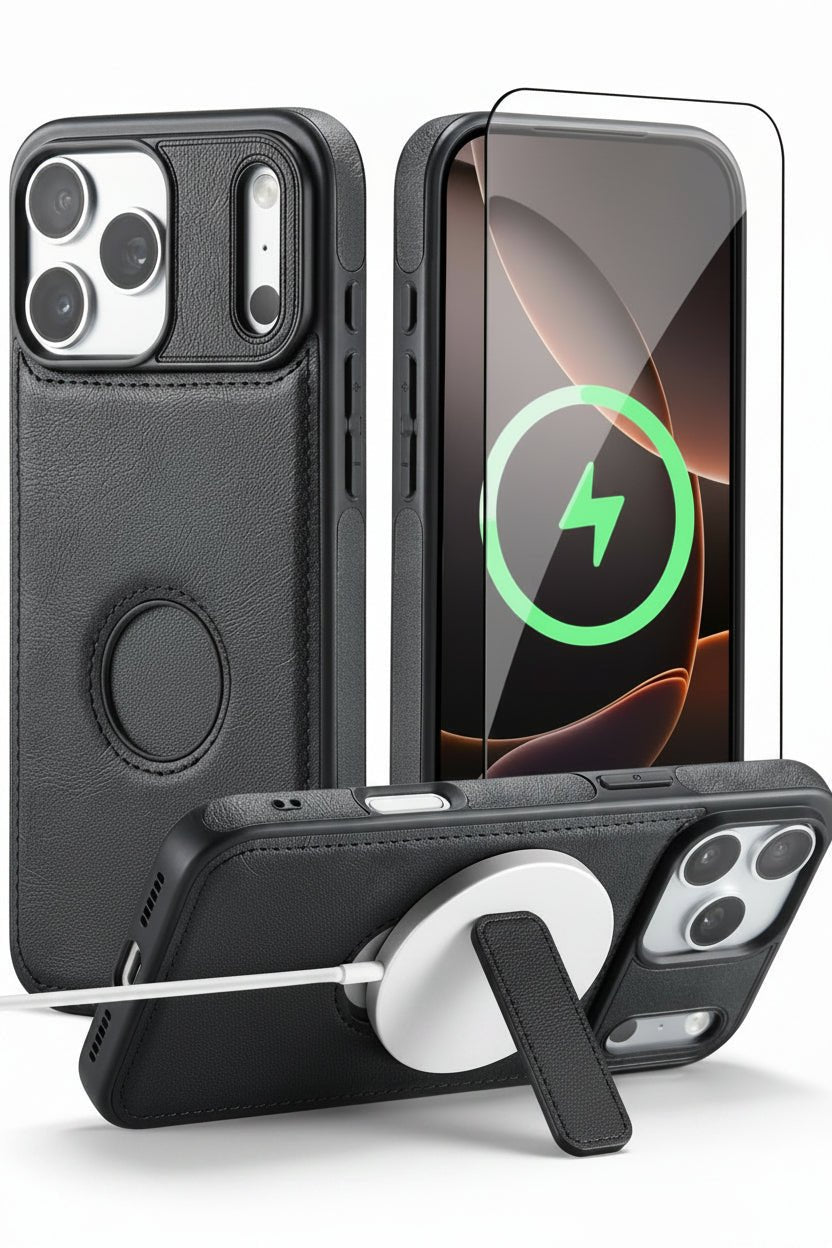 iPhone MagSafe Case with Kickstand & Tempered Glass Screen Protector