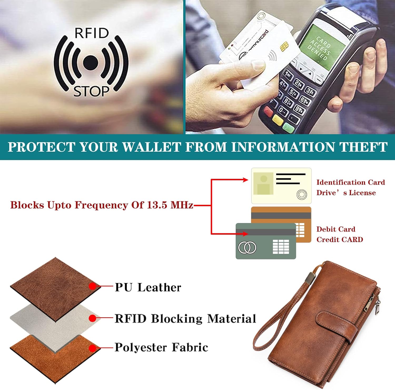 GOIACII Wallet for Women Large Wristlet Purse Trifold Clutch Brown | RFID Blocking, Soft Leather, Spacious Storage Capacity, 5 ID Windows, 2 Zipper Coin Pockets, 5 Compartments, Wrist Strap