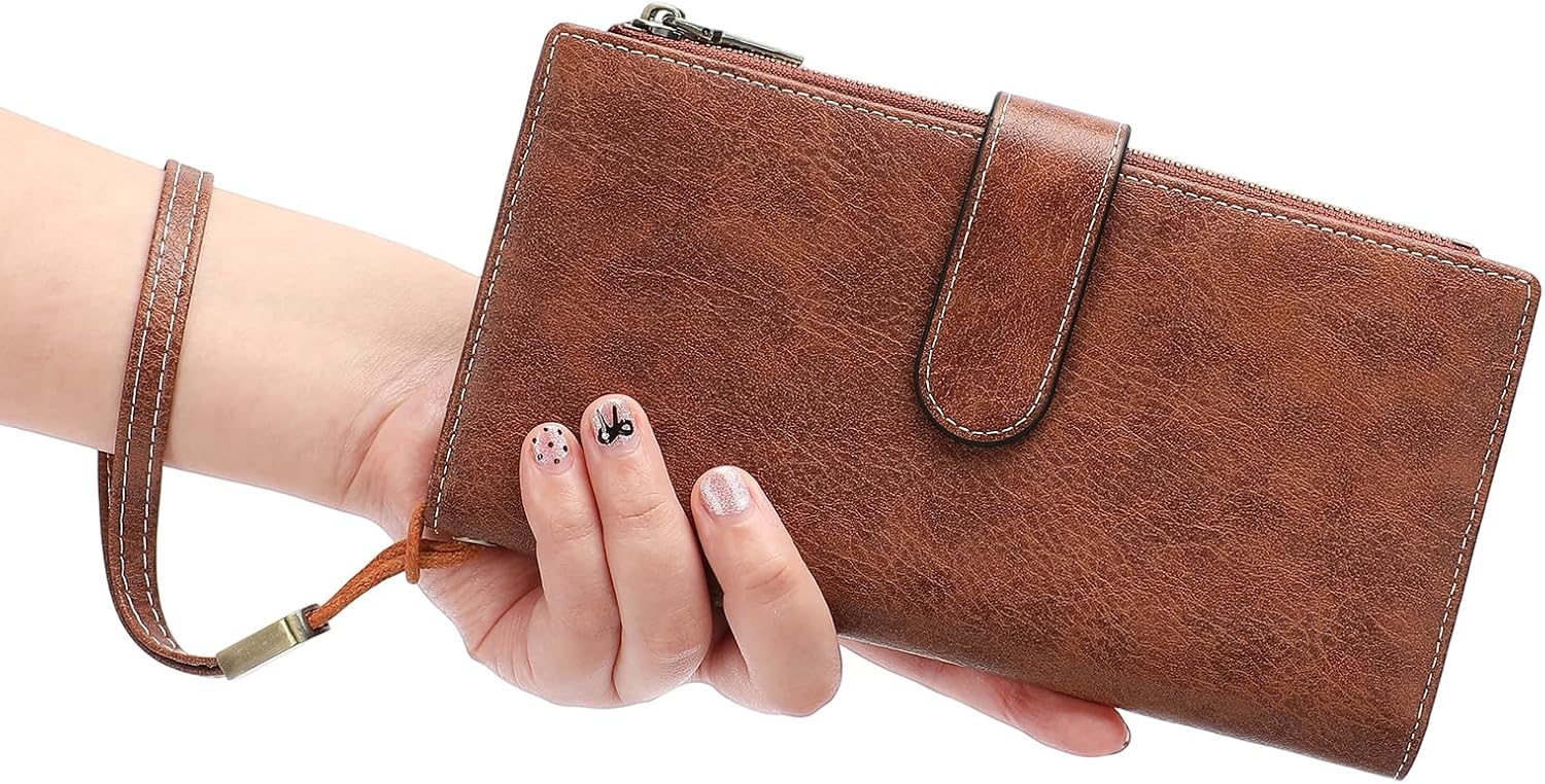 GOIACII Wallet for Women Large Wristlet Purse Trifold Clutch Brown | RFID Blocking, Soft Leather, Spacious Storage Capacity, 5 ID Windows, 2 Zipper Coin Pockets, 5 Compartments, Wrist Strap
