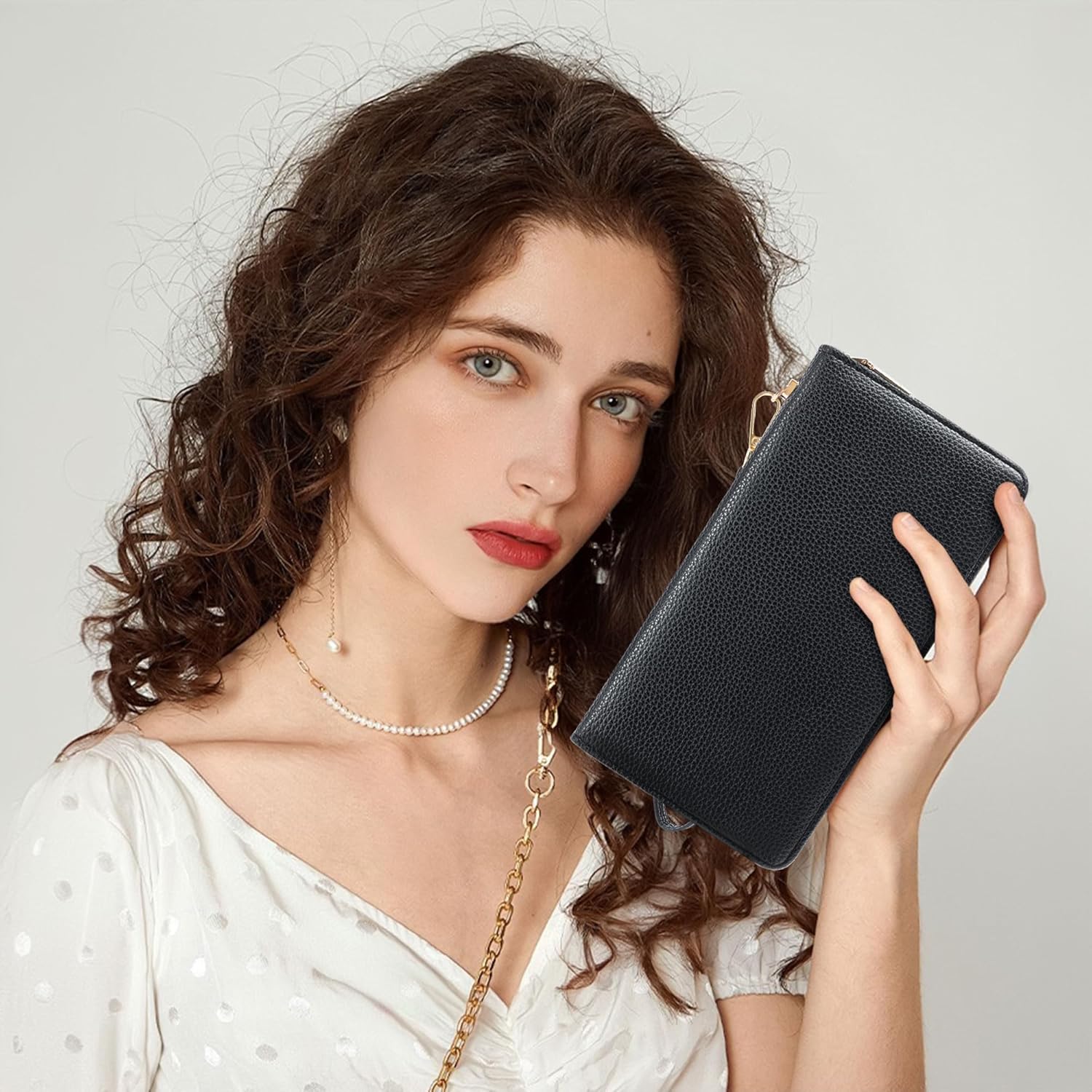 Large RFID Blocking Women’s Clutch Wallet with Wrist Strap & Zipper