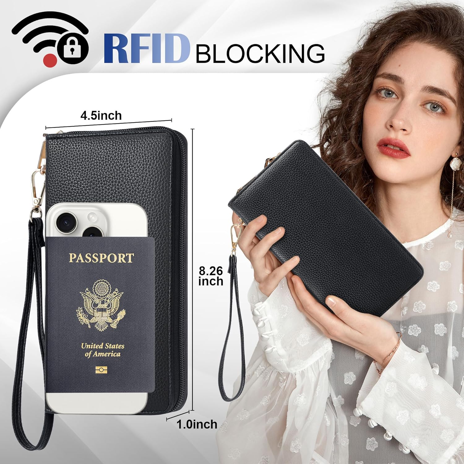 Large RFID Blocking Women’s Clutch Wallet with Wrist Strap & Zipper