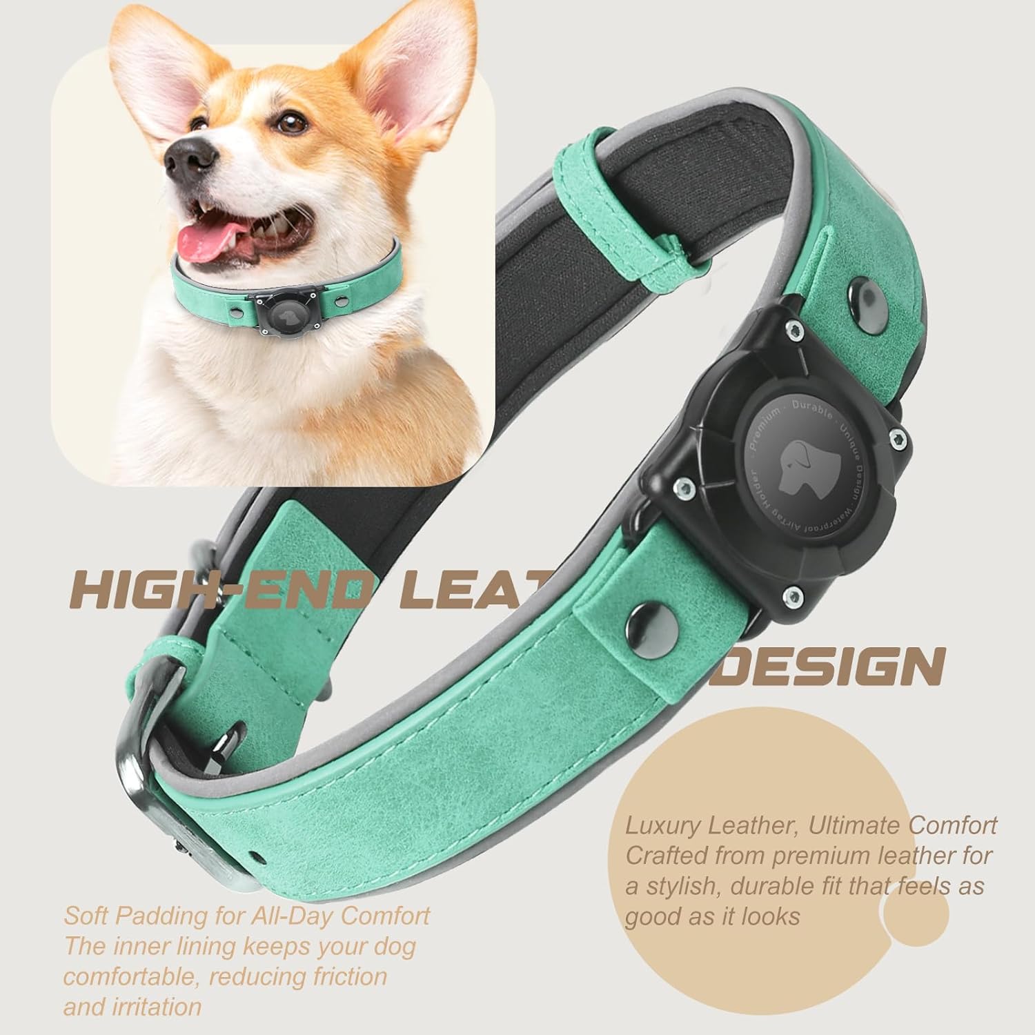 Leather AirTag Dog Collar – Waterproof, Reflective & Adjustable GPS Tracker for Medium and Large Dogs - Abbycart