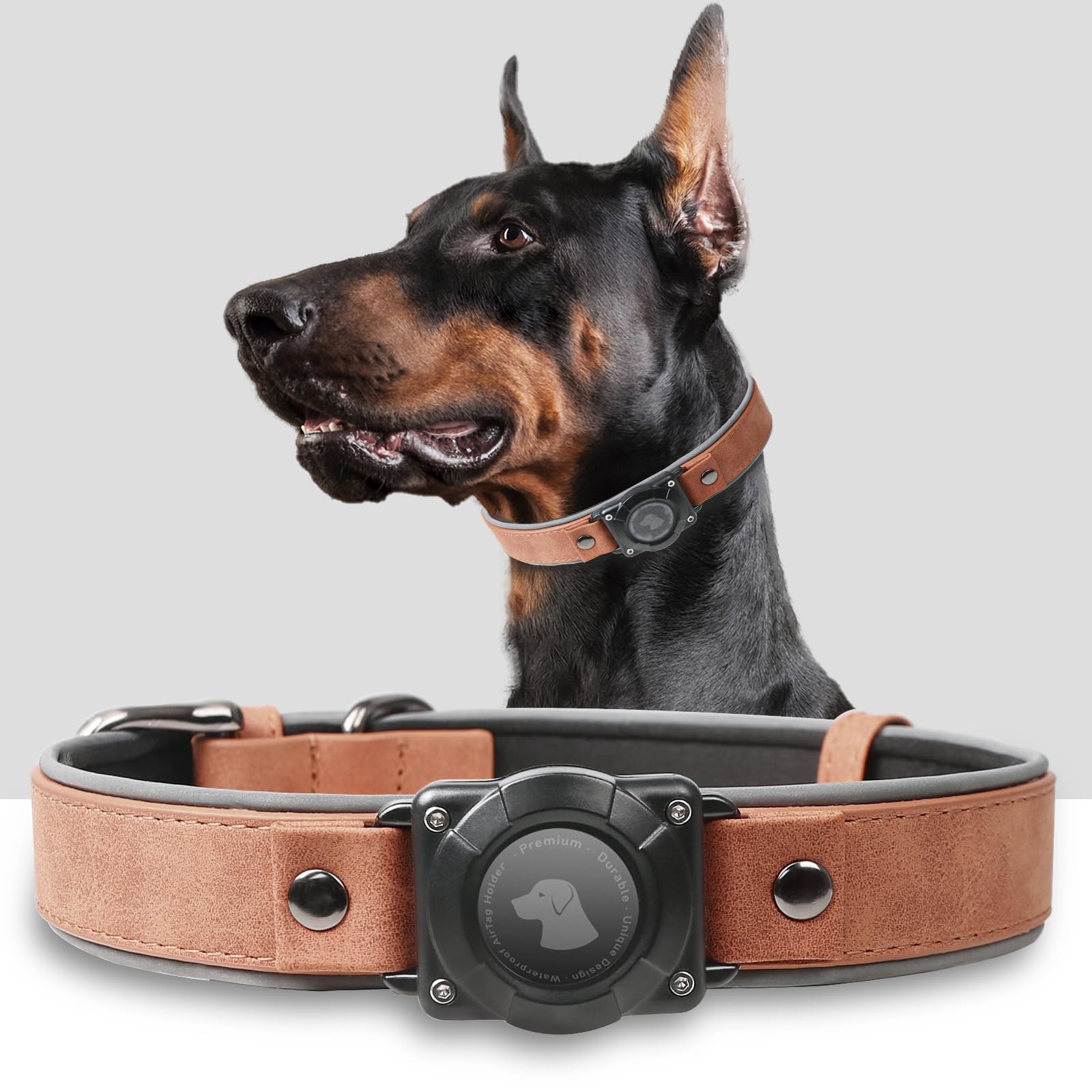 Leather AirTag Dog Collar – Waterproof, Reflective & Adjustable GPS Tracker for Medium and Large Dogs - Abbycart