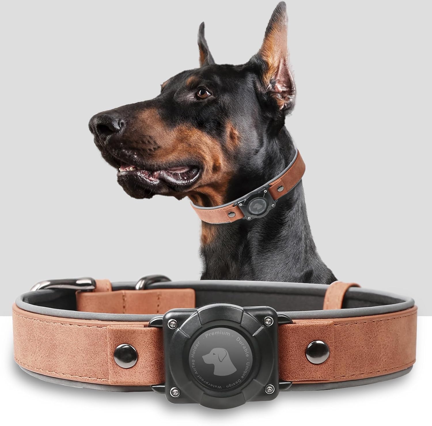 Leather AirTag Dog Collar – Waterproof, Reflective & Adjustable GPS Tracker for Medium and Large Dogs