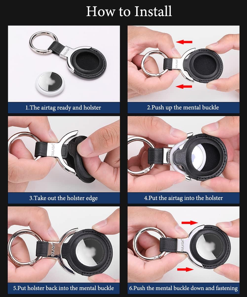 Leather AirTag Keychain Case, Protective Loop Holder with Snap Closure for Keys, Luggage, Pet Collar & Bags