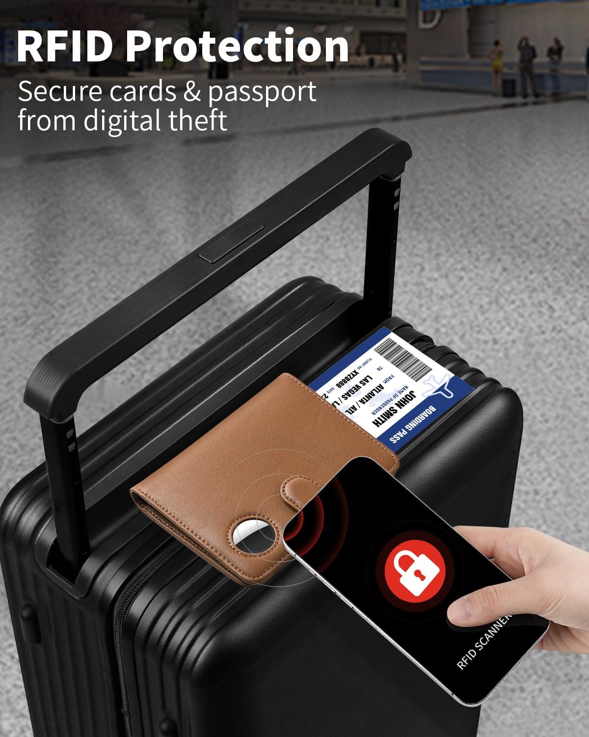 Leather passport holder with AirTag slot and RFID blocking, perfect for travel and secure storage.